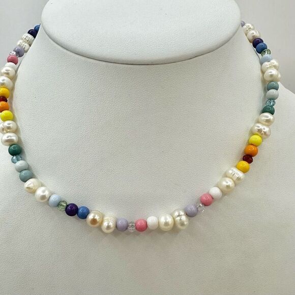 Pearl and colorful beaded choker necklace - Picture 1 of 10